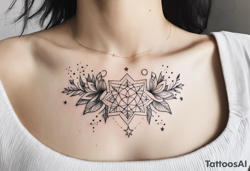 fine line with stars, floral, dots. Sternum tattoo tattoo idea