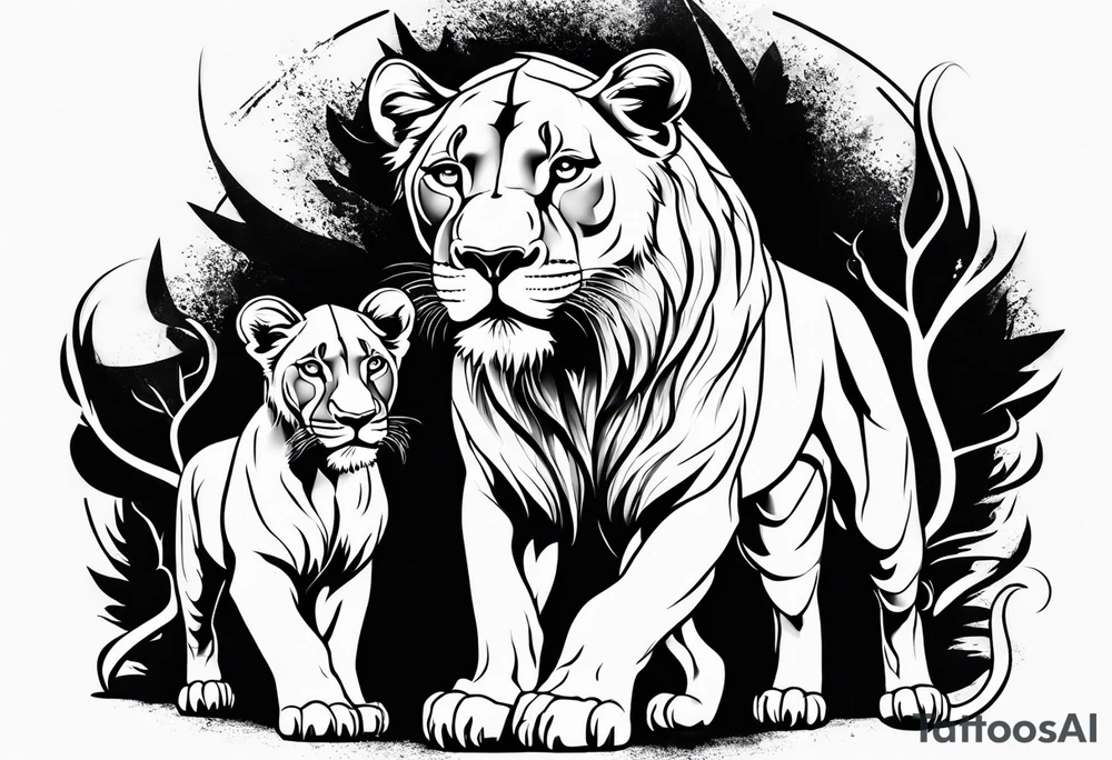 Lioness on her hind legs
 protecting her two cubs tattoo idea