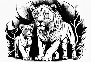 Lioness on her hind legs
 protecting her two cubs tattoo idea