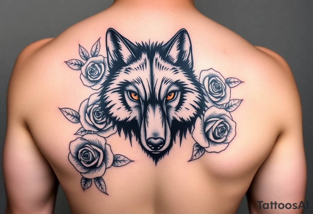 All black wolf(front facing) with orange eyes surrounded by blue roses tattoo idea