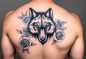 All black wolf(front facing) with orange eyes surrounded by blue roses tattoo idea