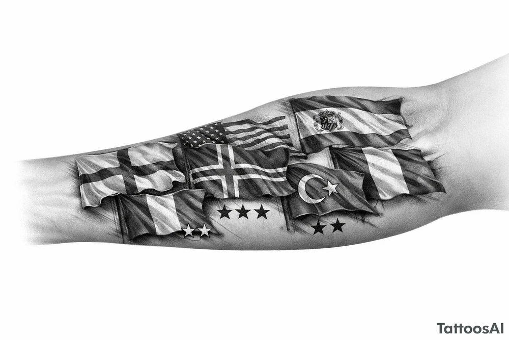 England USA Iceland Italy Spain Turkey France Hungary flags inside forearm can u put 3 stars under iceland , 2 under turkey and italy tattoo idea