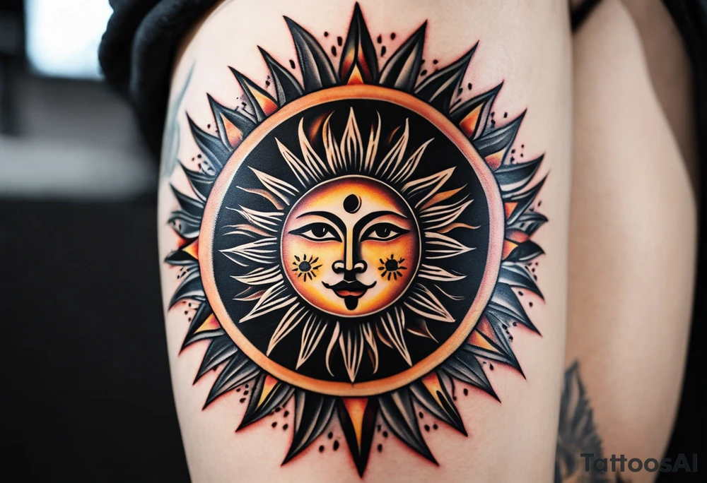 A symmetrical tattoo designed for the knee, featuring a sun with an eccentric, expressive face at the center. The sun’s rays extend sharply in a pointed, flame-like pattern, resembling heat waves, reaching downward toward the shin and upward above the knee. The design should have a dynamic and bold composition, with flowing yet angular lines that emphasize movement and symmetry. tattoo idea