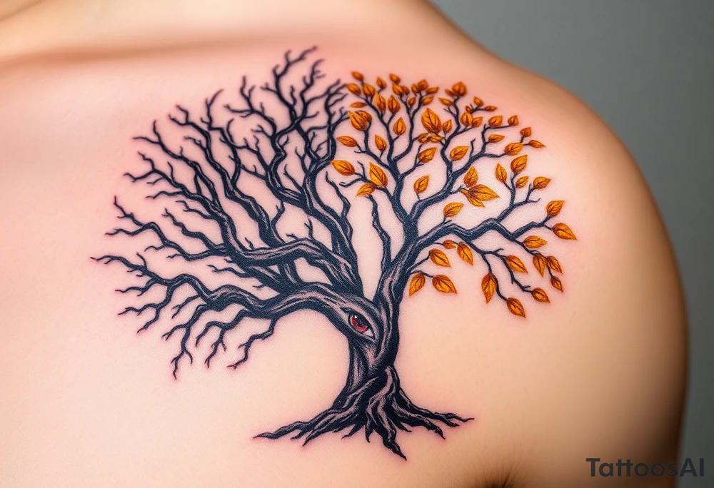 A tree of life with golden leaves, flourishing on one side, symbolizing growth and harmony, juxtaposed against a barren black tree with twisted branches and deep red eyes peering through the shadows, signifying decay and destruction tattoo idea