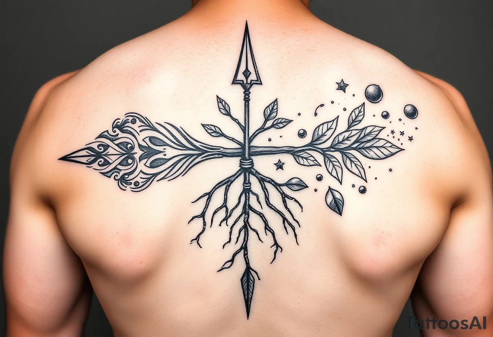 A broken spear with roots growing through it, tribal blackwork style, symbolizing healing through soul, not ego. 
One side traditional tribal pattern (e.g. Polynesian spear motifs), the other cracked but reforged with symbols of soul: leaves, stars, or water. tattoo idea