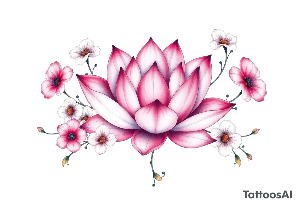 Lotus flower surrounded by forget me nots and peonies tattoo idea