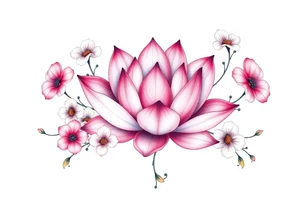 Lotus flower surrounded by forget me nots and peonies tattoo idea