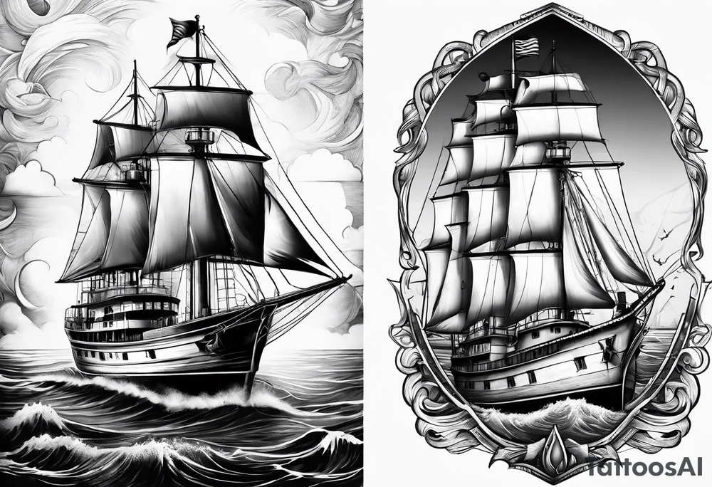 ghost marine lighthouse behind the bow of a sailboat. tattoo idea