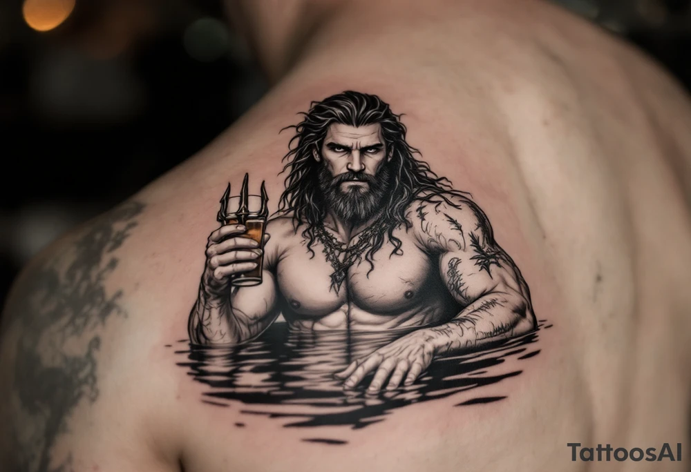 young, fit poseidon in calm water, holding a trident, drinking a beer, with a barefoot on his bicep tattoo idea