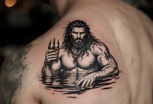 young, fit poseidon in calm water, holding a trident, drinking a beer, with a barefoot on his bicep tattoo idea