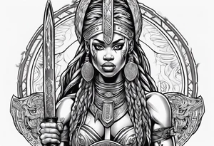 African female valkyre Viking warrior full body angelic
slim long face long braided hair descending from heaven holding sword & shield tattoo idea
