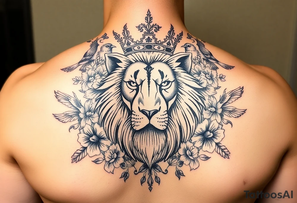 powerful majestic lion with a crown, surrounded by floral ornaments and birds tattoo idea