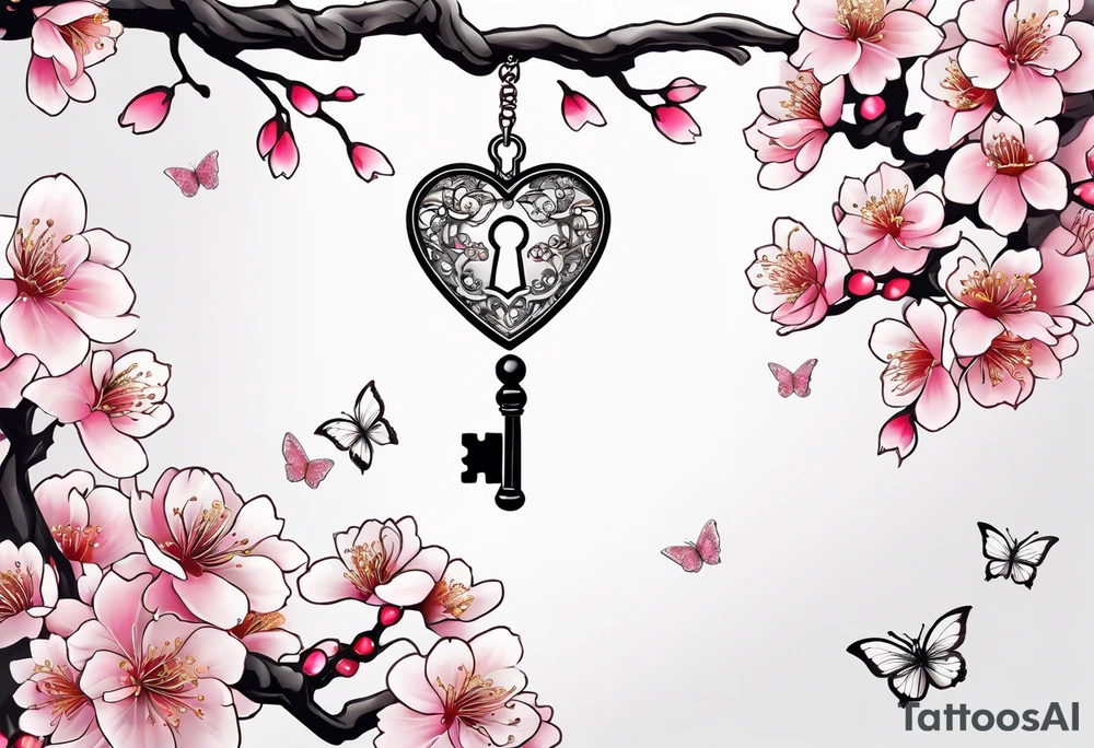 Cherry Blossom Tattoo with a key that unlocks a heart surrounded by white butterflies and in a golden aura tattoo idea