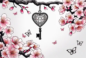 Cherry Blossom Tattoo with a key that unlocks a heart surrounded by white butterflies and in a golden aura tattoo idea