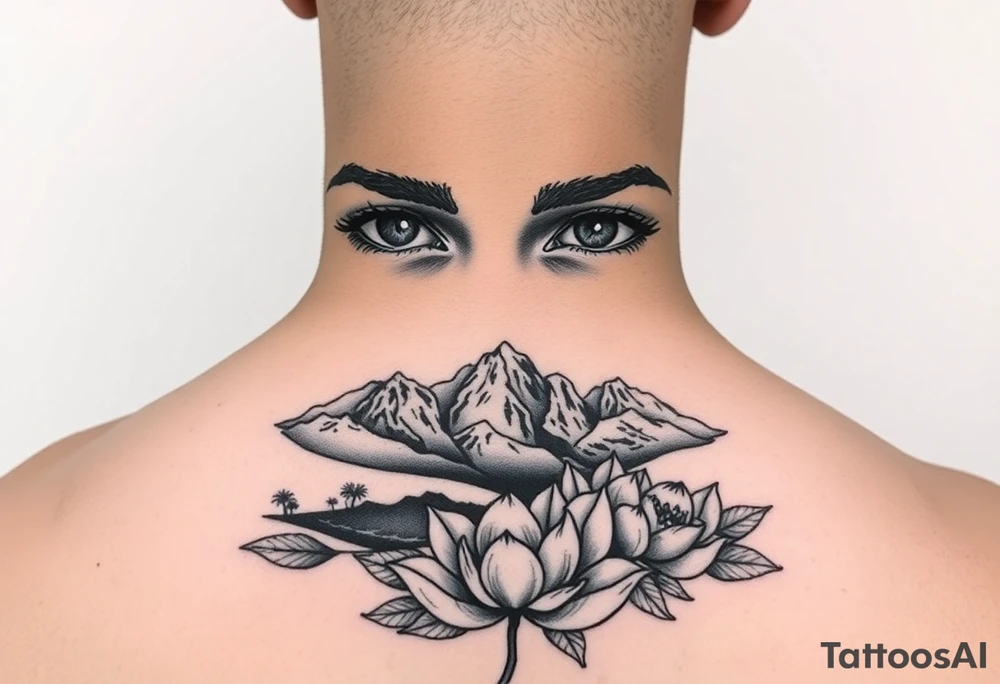 Arab woman with her eyes only glazing over mountains in the desert with el paso tx culture and lotus flower tattoo idea