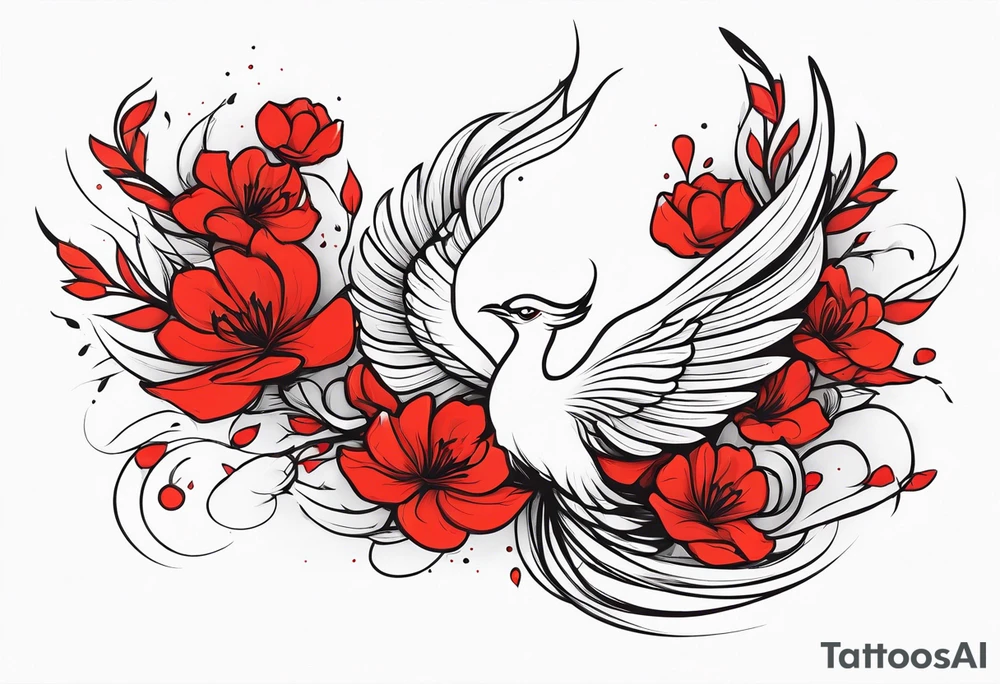 elongated phoenix in flight
in profile with claws holding red flowers falling tattoo idea