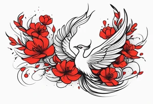 elongated phoenix in flight 
in profile with claws holding red flowers falling tattoo idea