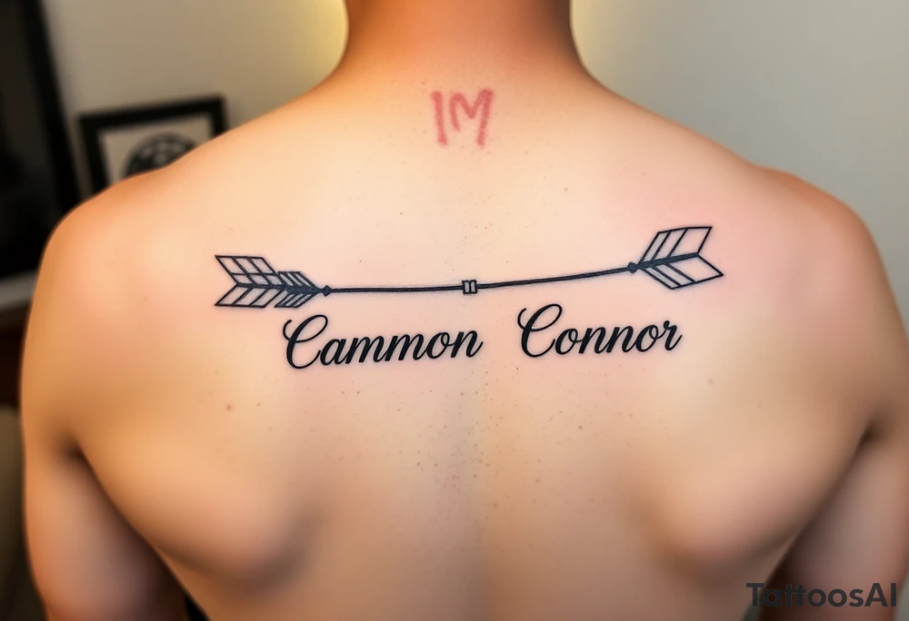 1 fancy feminine arrow that incorporates the name Cameron and another feminine arrow that incorporates the name Connor tattoo idea