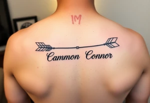 1 fancy feminine arrow that incorporates the name Cameron and another feminine arrow that incorporates the name Connor tattoo idea