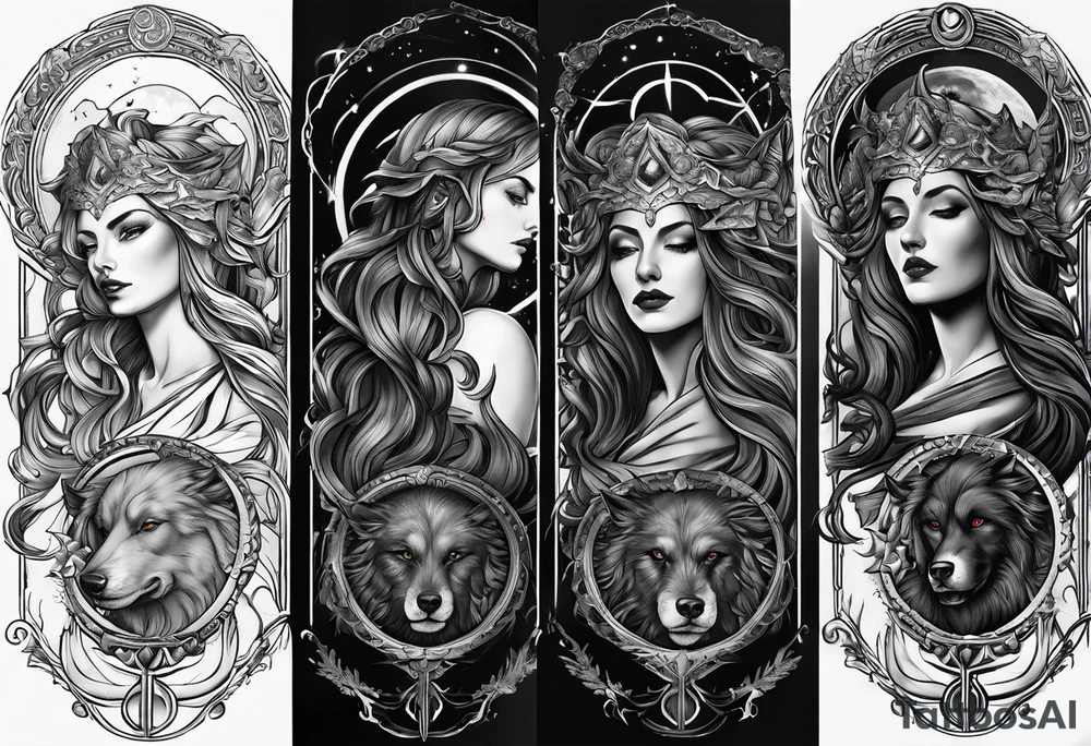 Tatuaje de columna con diseño de Hekate y cerberus lunas tattoo idea