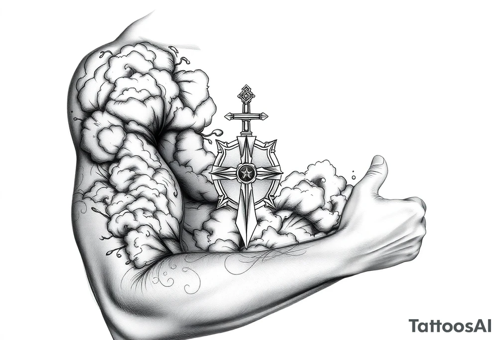 clouds, sword, shield, cross tattoo idea
