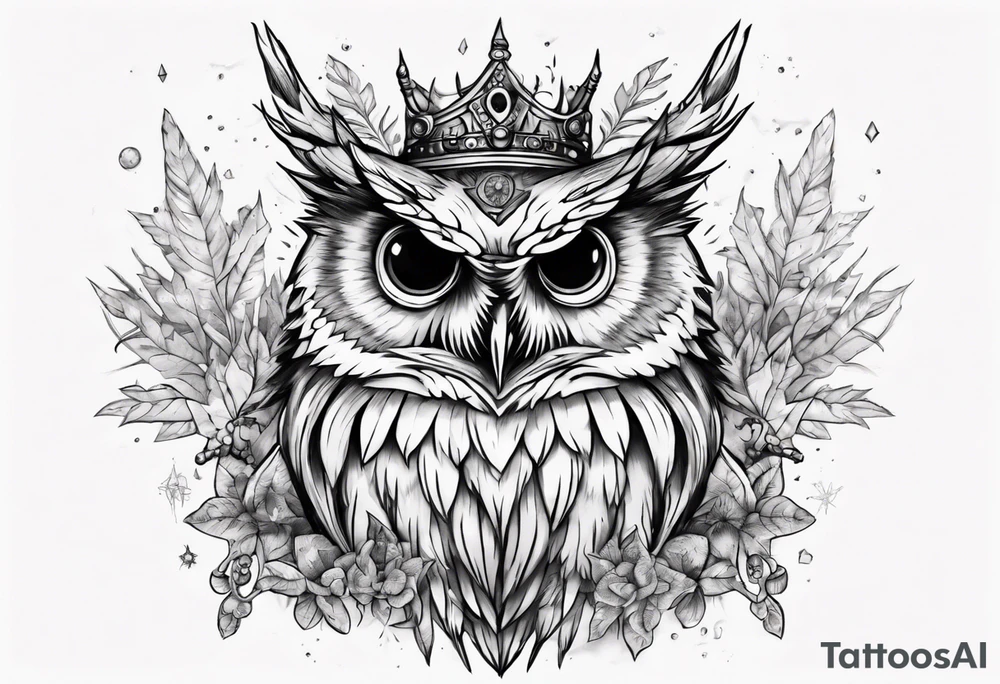 Demon crowned Owl surrounded by poisonous plants, crystals and astrology. tattoo idea