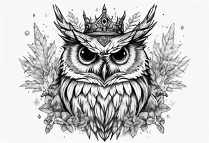 Demon crowned Owl surrounded by poisonous plants, crystals and astrology. tattoo idea