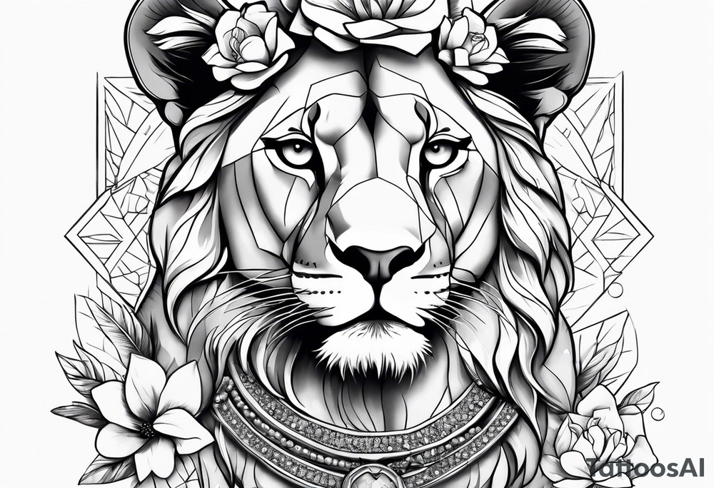 Beautiful lioness with necklace and a flower headband tattoo idea