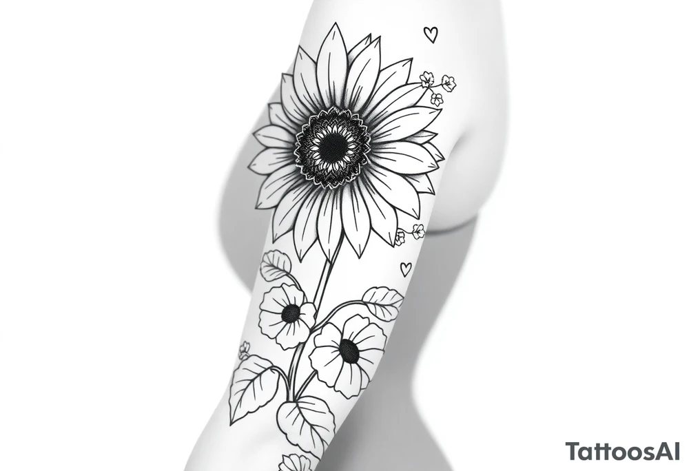 Stylized sunflower on a wild flowy morning glory vine with Bohemian mandalas incorporated to the background tattoo idea