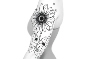 Stylized sunflower on a wild flowy morning glory vine with Bohemian mandalas incorporated to the background tattoo idea