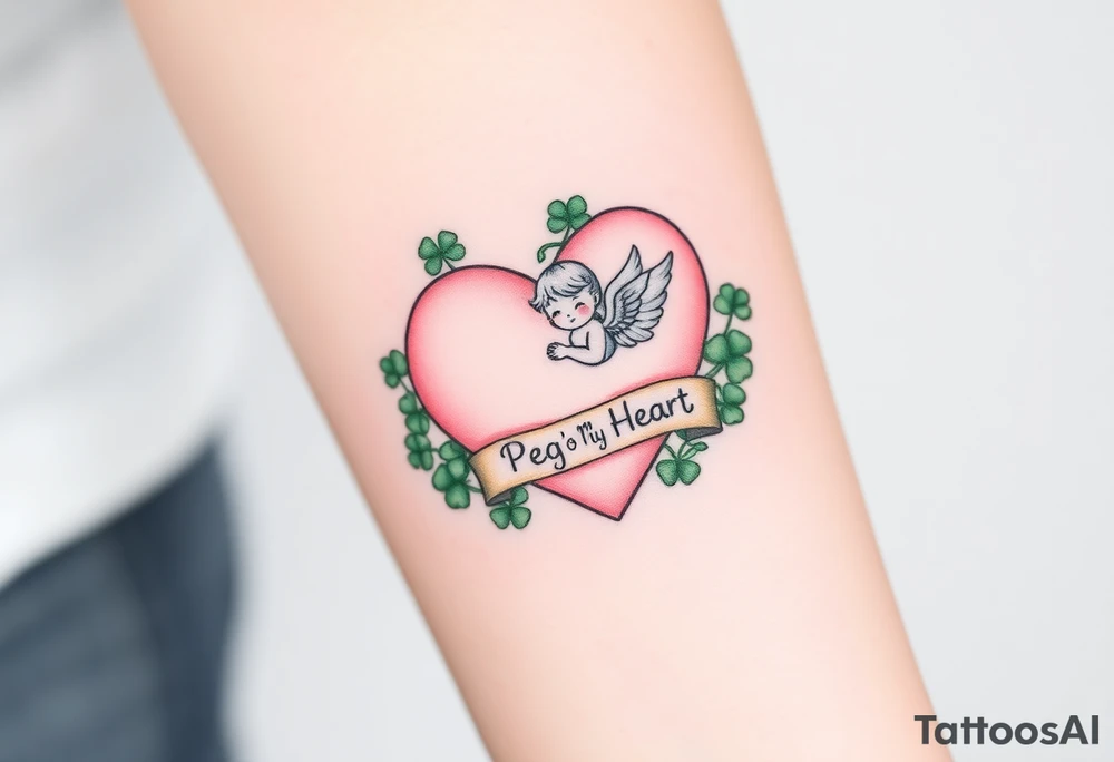 a big pale pink heart and a cute angel in a bunch of green shamrocks, with a banner across the heart that says Peg 'o My Heart tattoo idea