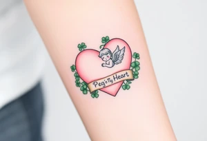 a big pale pink heart and a cute angel in a bunch of green shamrocks, with a banner across the heart that says Peg 'o My Heart tattoo idea