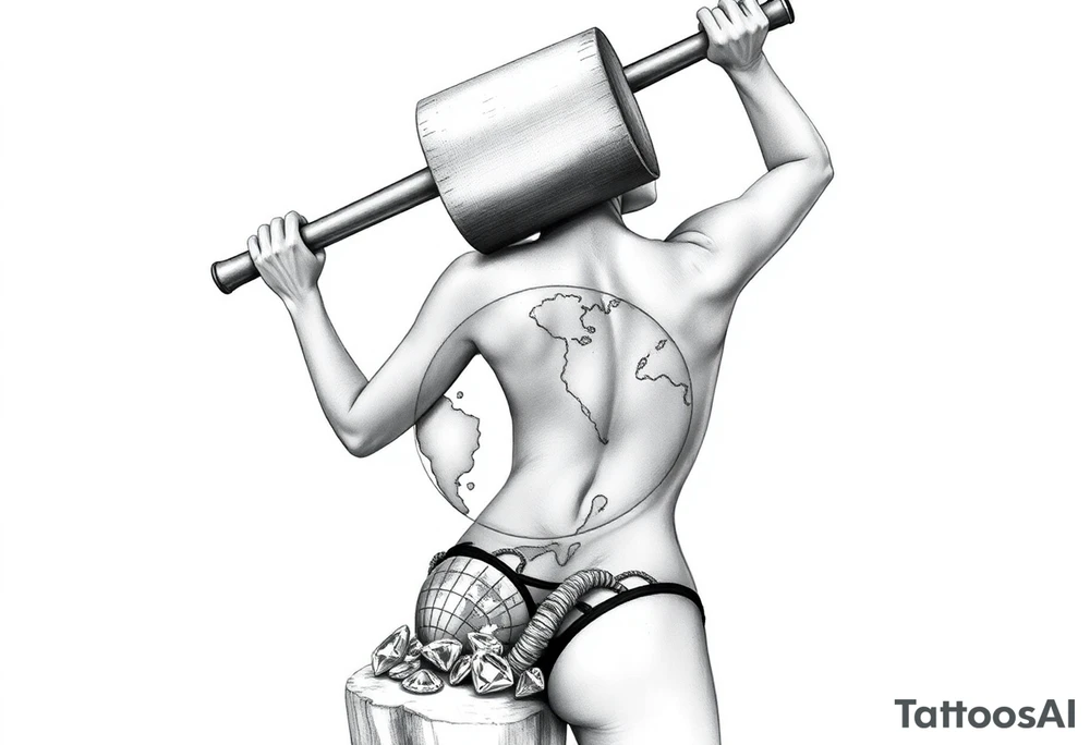 pin up girl wearing a g string thong, the pin up girl is swinging a very large headed mallet overhead onto a small version of the earth globe, the earth globe is on top of a tree stump, the earth globe is in contact with the  mallet and being compressed by the mallet, the earth globe is being squashed and half way flattened as the mallet hits it, at the base of the stump is a pile of diamonds. Her short shorts are not covering her butt all the way. She is facing me with her breast bare and out. tattoo idea