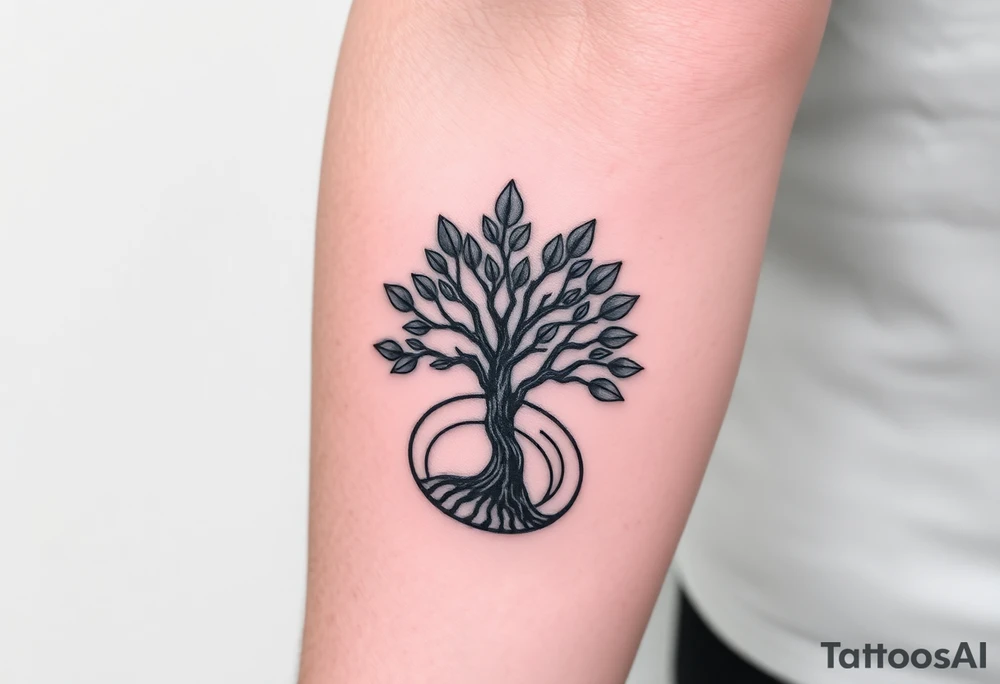 Tree with few leaves encircled in a spiral circle starting from the center of the tree tattoo idea
