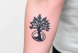 Tree with few leaves encircled in a spiral circle starting from the center of the tree tattoo idea