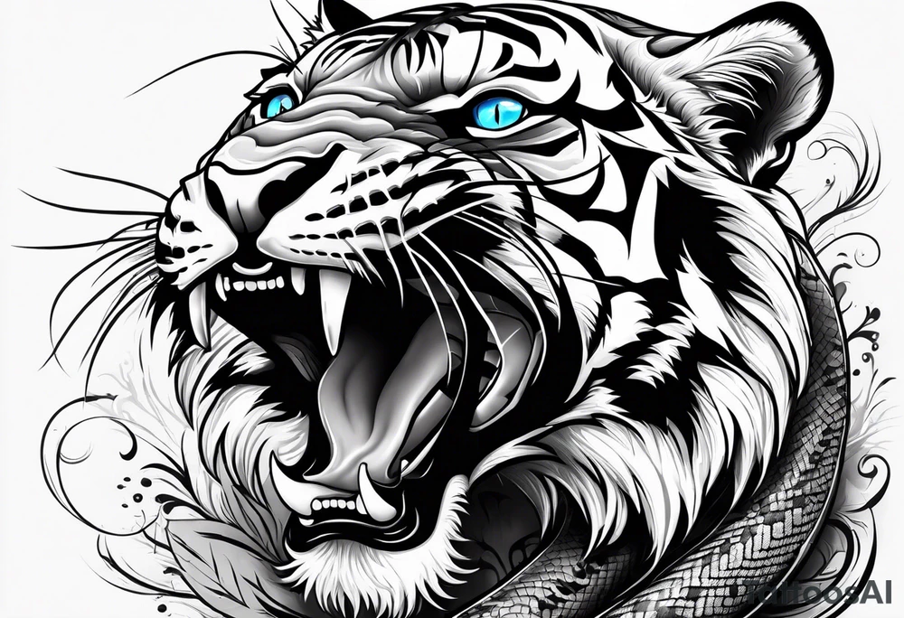 Tiger with blue eyes that turns into a snake tattoo idea