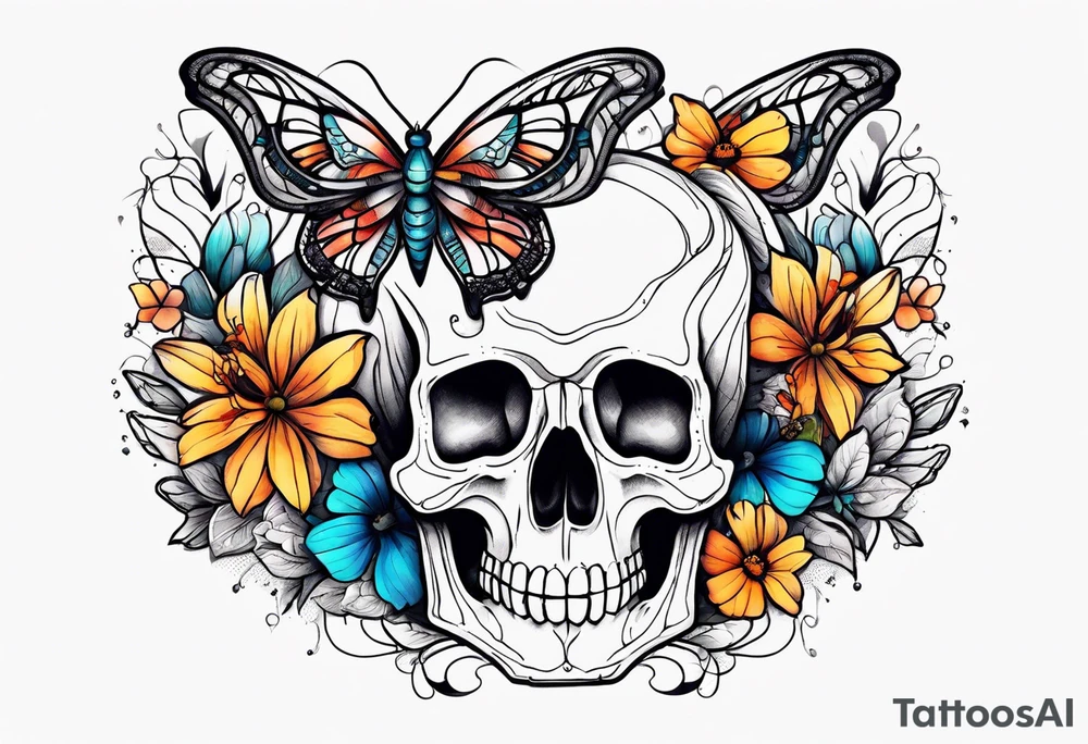 rib cage with flowers surrounding it and butterflies tattoo idea