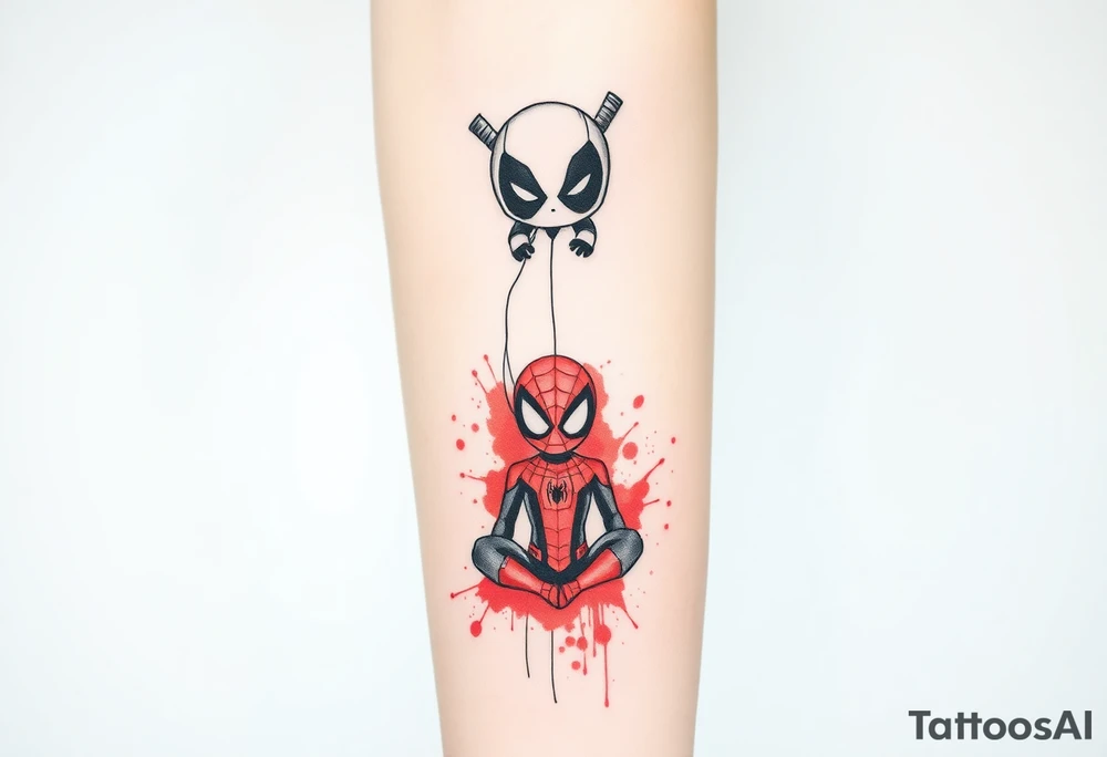 A vertical stacked tattoo design for a half-sleeve on a white background. At the top is a chibi Deadpool character in a bold ink sketch style. At the bottom is a chibi Spider-Man character sitting cross-legged in a loose pencil sketchbook style. High contrast black and grey shading. The two characters are connected by loose, energetic sketch lines and a thin spiderweb thread hanging between them. Dramatic, stylized splashes of bright, vibrant watercolor red ink splatter bursting out around both characters' suits, bleeding into the negative space. Tattoo flash sheet style, crisp linework. tattoo idea