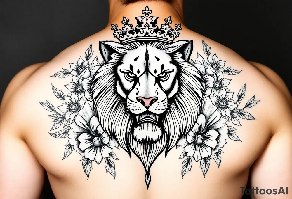 powerful majestic lion with a crown, surrounded by floral ornaments and birds tattoo idea