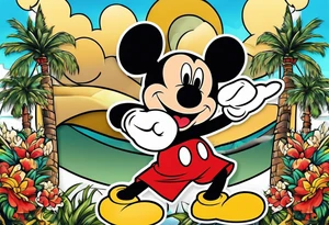 mickey mouse holding lightning with palm trees doing martial arts at the disney castle tattoo idea