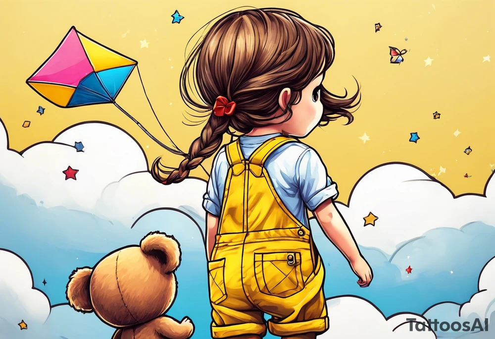 back image of a little girl flying a kite with a teddy bear in yellow overalls standing beside her tattoo idea