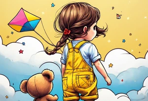 back image of a little girl flying a kite with a teddy bear in yellow overalls standing beside her tattoo idea