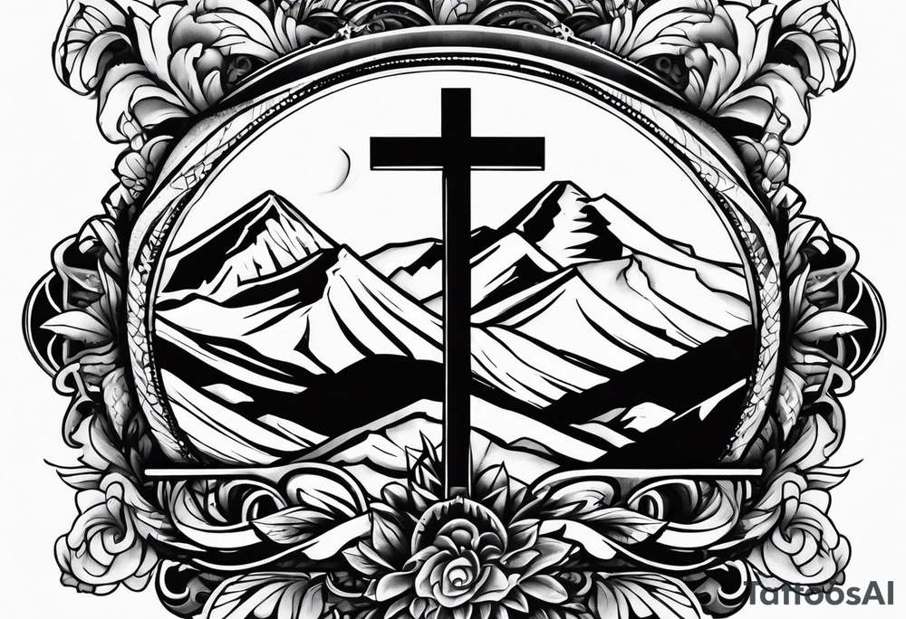 Cross with Mountains and the word "Cala" tattoo idea