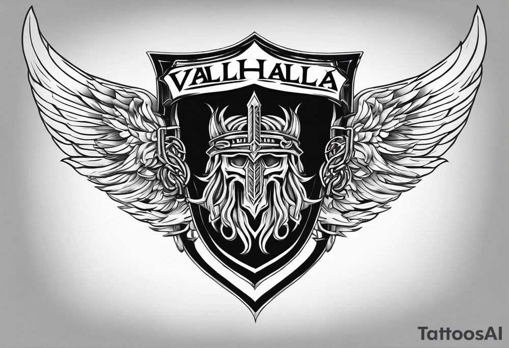 Valhalla sword fire chains shield wings tattoo idea