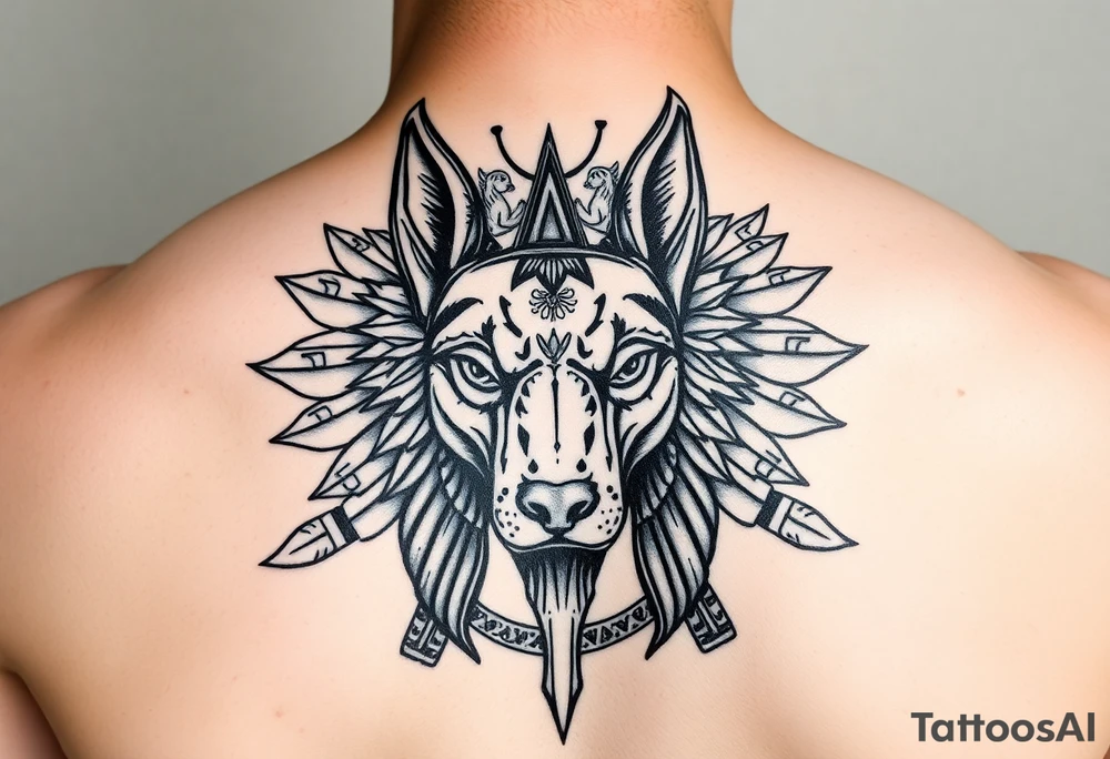 Egyptian Anubis god face muscle in Egypt style dog face surrounded Egyptian symbols tattoo idea