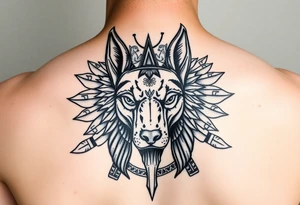 Egyptian Anubis god face muscle in Egypt style dog face surrounded Egyptian symbols tattoo idea