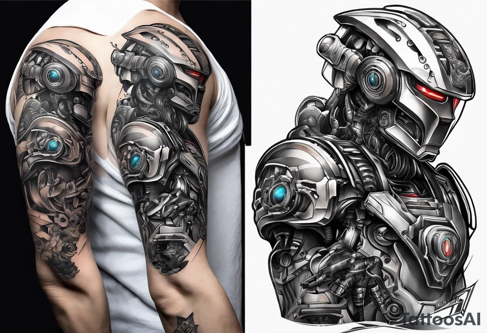 a robotic tattoo on the right arm tattoo idea