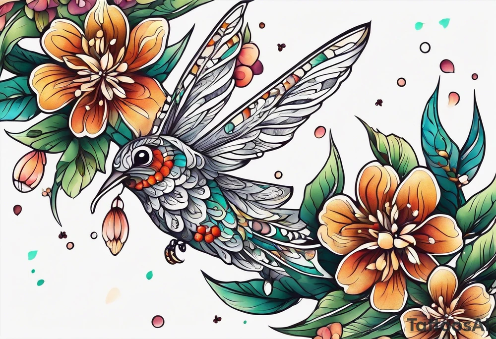 Winding branches and leaves and tiny flowers with a small moth tattoo idea