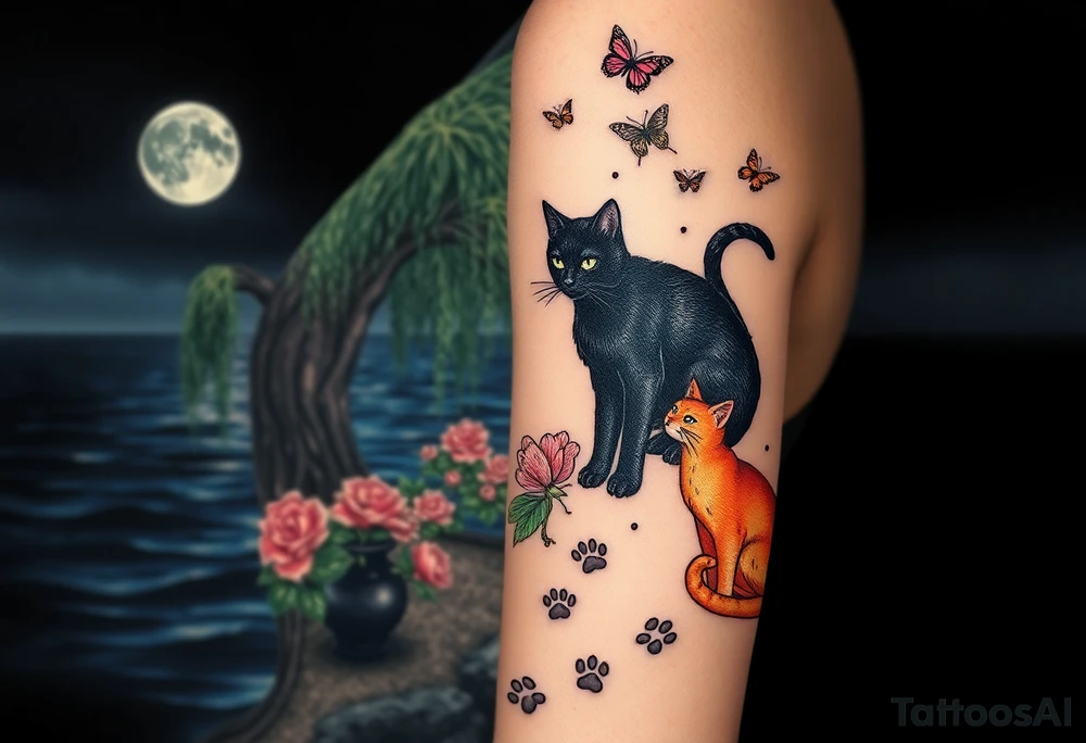 Night time. Ocean.  weeping willow garden with roses and liles flower beds. fantasy creatures, fairies, mermiads, dragons butterflies,  cat paw prints path in dirt. Black cat and orange cat tattoo idea