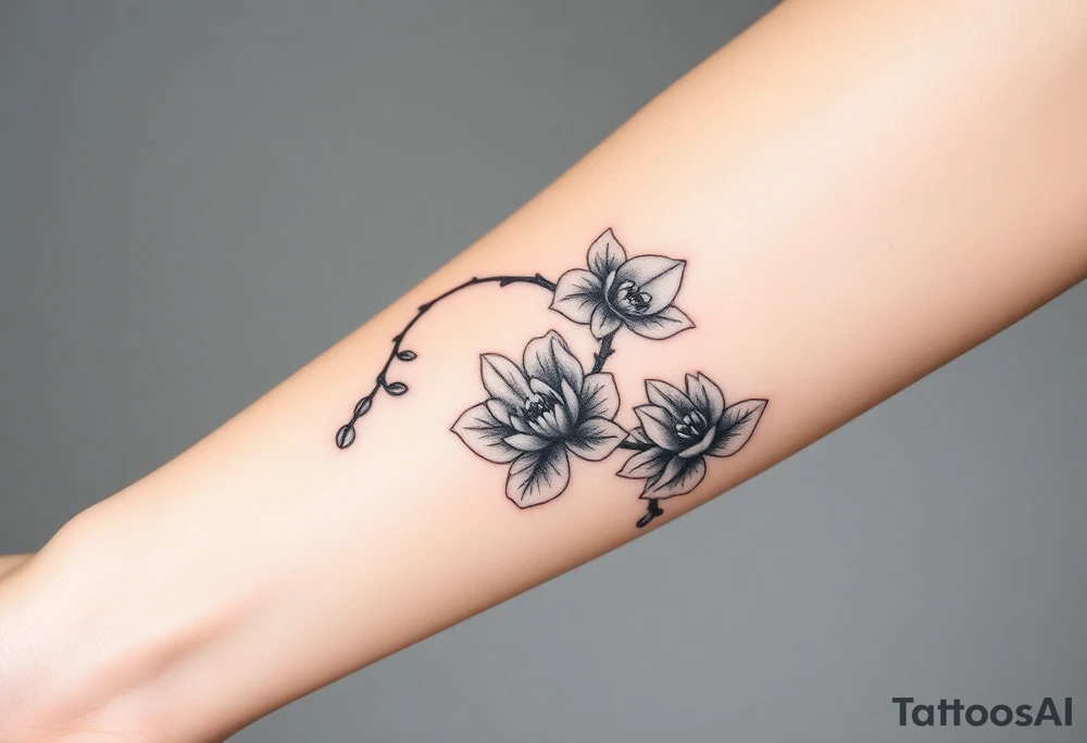 Orchid or cherry blossom tree and lotus and snake on a woman tattoo idea